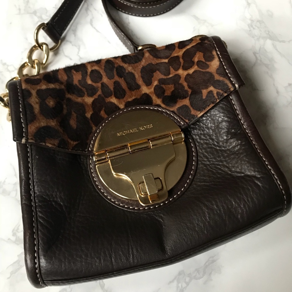 Michael Kors brown leather & cheetah print purse